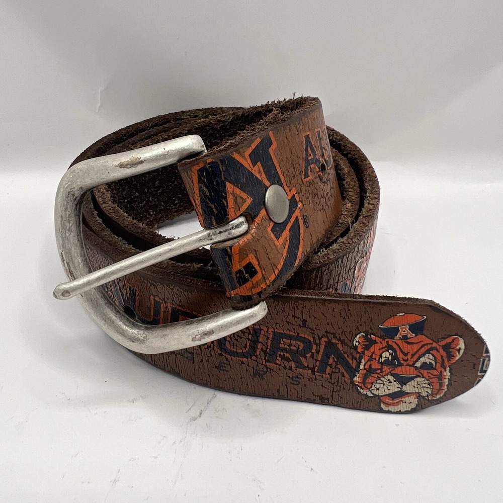 VTG Y2K Auburn Tigers Enmon Leather Belt 36 Brown Orange AOP No Keeper Loop